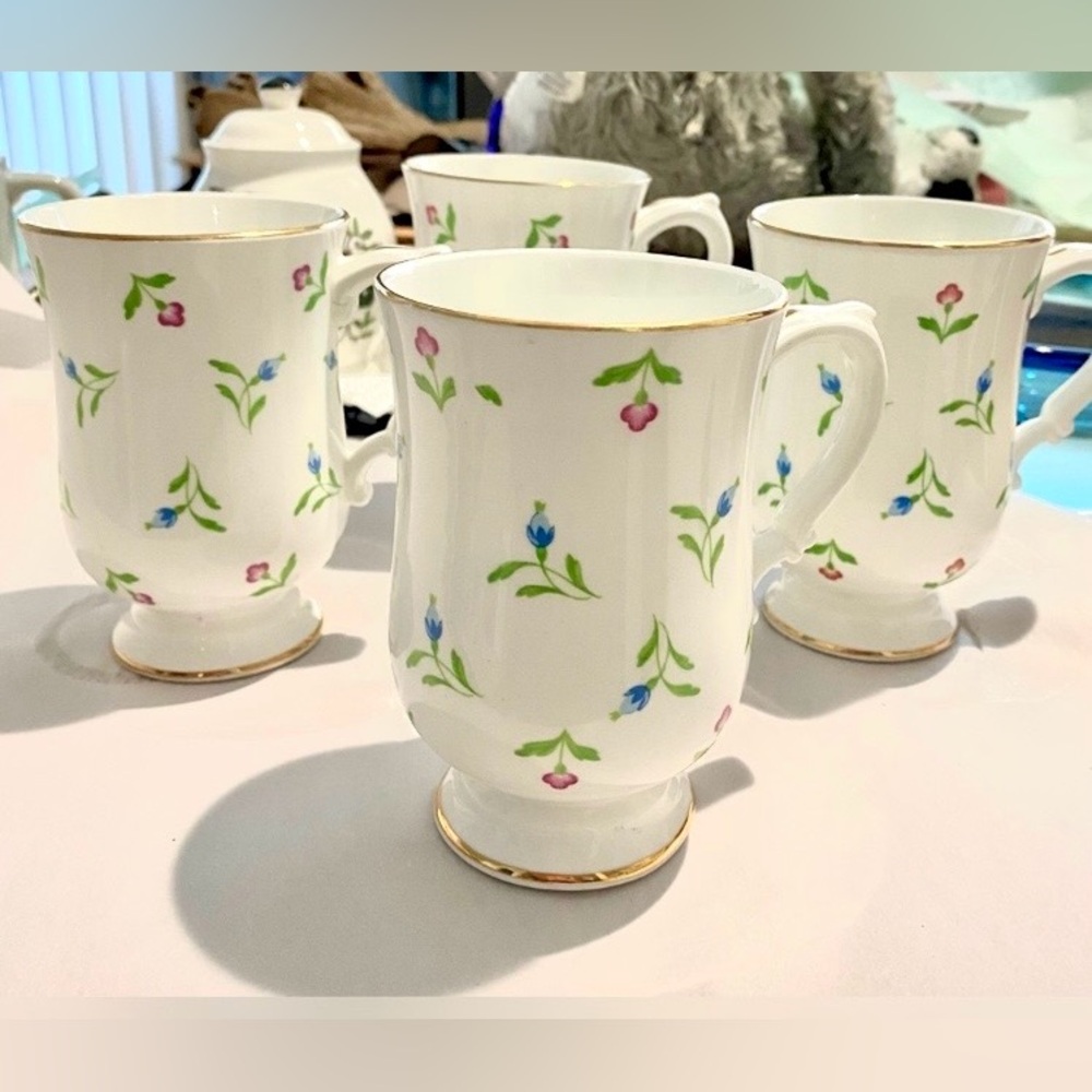 Royal Victoria 1960 Fine Bone
China Coffee Mugs. White,Pink &Blue Flowers.4 -$36